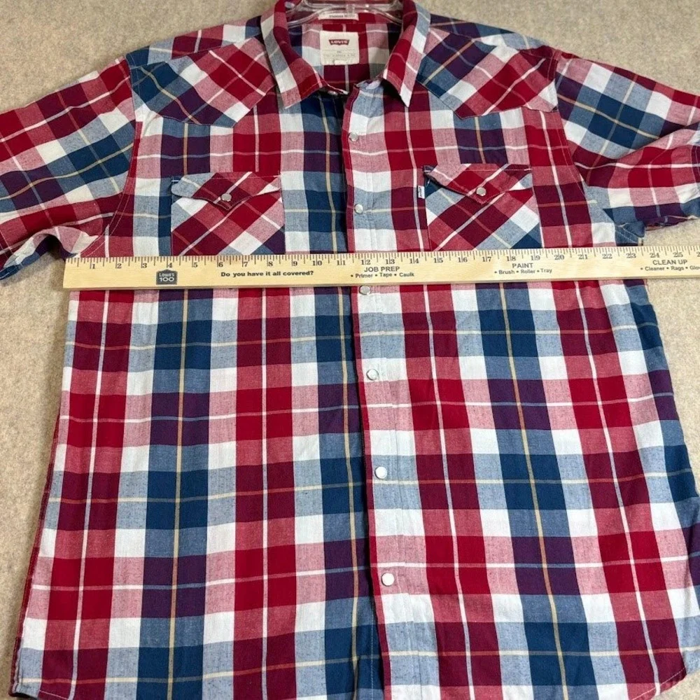 Levi's Western Shirt XXL Red Blue Plaid‎ Cotton Blend Snap Front Classic Cowboy